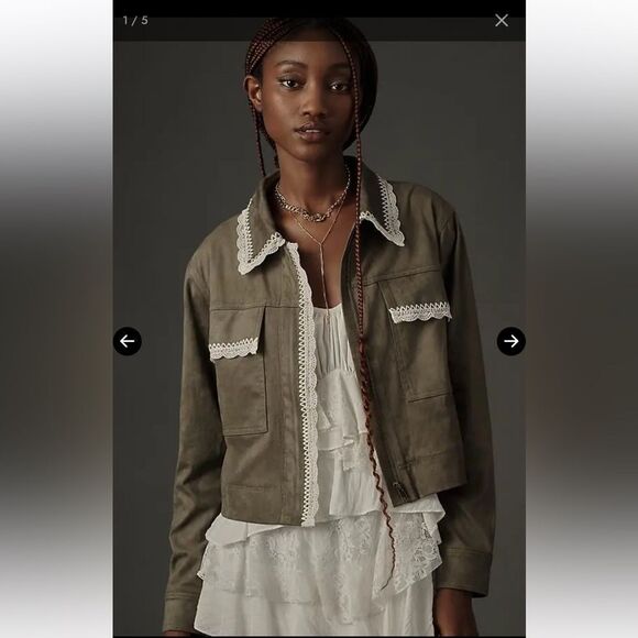 Anthropologie x Dolan Left Coast Lace-Trim vegan Suede Jacket Green Size L boho - Picture 1 of 12